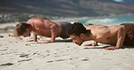 Fitness, push up or men on beach for exercise, arm muscle training or friends together for calisthenics. Performance, active or people by sea with strength for workout routine, wellness or challenge