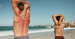 Warm up, stretching arms or men on beach for fitness training, performance or getting ready for workout. Friends, back or people with mobility exercise routine for wellness, sea or health practice