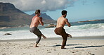 Yoga, fitness and instructor with men at beach for health, standing half lotus pose and wellness. Peace, spiritual balance and healing with people outdoor for vatayanasana and personal trainer