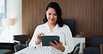 Woman, tablet and happy at office for review, insight or project proposal at insurance company. Person, broker or advisor with tech, feedback and typing with application at risk management agency