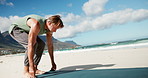 Rolling, beach and man with yoga mat, fitness and meditation with mindfulness. Ocean, yogi and person with summer holiday, exercise and zen with chakra, healthy routine and morning with break