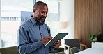 Mature black man, tablet and typing at office with checklist, notes or research for article at media company. African person, editor and tech with app, review and feedback for story at press agency
