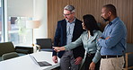 Meeting, laptop and business people in office for finance review, feedback and investment advice. Corporate, collaboration and workers on computer for financial report, budget planning and proposal