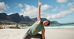 Fitness, yoga or man at beach with stretching, mindfulness or performance in body activity. Pilates, wellness or mature athlete at ocean with mobility, muscle or joint improvement in outdoor practice