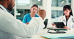 Hands, clipboard and discussion at office meeting with team, review and documents at hospital. People, medical staff and admin with paperwork, feedback or planning for solution in clinic boardroom