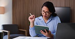 Woman, tablet and documents with review at office, proposal or glasses with investment portfolio at company. Person, broker and financial advisor with tech, app and insight at asset management agency