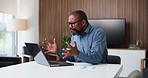 Crisis, shout or black man in office with laptop, client loss or missed payment in finance error. Frustration, senior person or investor with tech, portfolio fail or scream at accounting mistake.