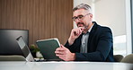 Thinking, tablet and business man in office for finance report, research and investment. Corporate, professional and person on digital tech for financial review, online proposal and budget planning