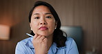 Media agency, face and woman with webinar, listening or notes for online interview. Journalist, person or employee in office, virtual meeting or questions with communication or project briefing