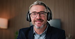 Mature, businessman and face with headphones for video call, online meeting or presentation. Portrait, man or employee talking in POV with virtual discussion for webinar, advice or chat in workplace