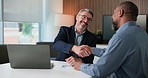 Happy, businessmen, meeting or handshake with laptop for corporate proposal or negotiation. Business people, employees or colleagues shaking hands for partnership, b2b deal or onboarding in workplace