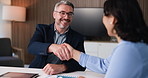 Happy, business people and meeting with handshake for partnership, deal or agreement in office. Businessman, woman or employees shaking hands with smile for b2b or onboarding opportunity in workplace
