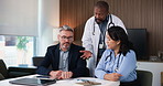 Doctors, team and talk in boardroom with documents, budget and administration at hospital. Medical director, group and people with feedback, planning and charts for healthcare services at clinic