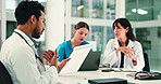 Documents, clipboard and doctor in meeting with discussion, cooperation and healthcare. Medical people, conversation and team in hospital with tech, research and feedback for diagnosis or schedule