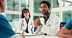Healthcare, doctors or discussion in office, medical case review or writing notes for insurance filing. People, hospital committee or physician in team meeting for health cover info, talk or process