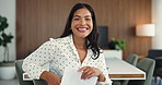 Happy, face and businesswoman with paperwork, office and paralegal with career growth and confident. Laughing, legal assistant and Asian person with document in law firm or opportunity in Philippines