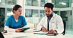 Documents, planning and doctor with nurse in hospital boardroom for surgery schedule in collaboration. Discussion, paperwork and healthcare employees with medical service in discussion at clinic.