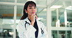 Healthcare, woman and doctor thinking in hospital, patient diagnosis reflection or remember results. Thoughtful, mature surgeon or medical insight for health prognosis, specialist perspective or idea
