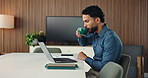 Office, coffee break and man with laptop for business plan, typing or development of creative ideas. Drink, thinking and consultant with online report, review or trends research at digital agency