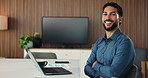 Crossed arms, laptop and face of business man in office with documents, finance report and confident. Happy, financial advisor and portrait of person with pride for investment career, growth and job