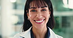 Face, doctor and woman in hospital, laugh and confident with healthcare career or positive attitude. Clinic, medical professional and mature person with pride for health services and wellness in USA