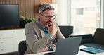 Finance advisor, laptop and man in office, online reading or email for trading portfolio. Mature person, decision or investor in workplace, pc or checklist for company audit or website for investment