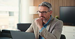 Investor, laptop and man in workplace, thinking and email for trading portfolio, internet and website info. Mature person, broker and employee with pc, checklist for company audit and online reading