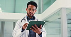 Walking, doctor and tablet with man in hospital for typing, surgery schedule and healthcare. Digital records, tech and medical advice with person in clinic for treatment research and planning