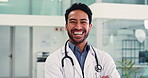 Face, doctor and man with arms crossed, laughing and happy with healthcare career, wellness or pride. Clinic, medical professional and person with smile for health services and positive attitude