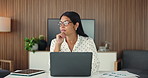 Businesswoman, glasses and thinking in office with laptop for data analysis, financial audit and report. Person, reflection and computer in workplace for finance stats, accounting admin and email.