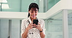 Happy, woman or doctor in office with phone for text message update, medical news or wellness app. Smile, mature person or healthcare worker with tech for online chat, social media feedback or email.
