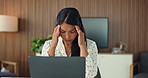 Frustrated, business woman or laptop with headache for stress, fatigue or burnout in office. Tired, female person or employee with eye strain, migraine or computer for overworked pressure or deadline