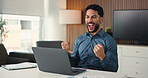 Laptop, achievement and businessman with fist pump in office for finance report approval for budget. Excited, computer and male financial manager with celebration for investment deal in workplace. 