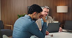Business, people and stress with laptop in office for bad news, finance mistake and overwhelmed. Disappointed, men and discussion with financial error, company bankruptcy and teamwork of funding fail