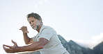 Mature man, tai chi and meditation with martial art in nature for mindfulness, balance or zen. Male person, motion or flare with slow movement for strength, spiritual wellness or channeling Qi