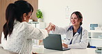 Doctor, patient and handshake in office with laptop, health insurance agreement and communication. Happy, healthcare worker and people shaking hands with computer, medical aid approval and thank you.
