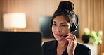 Talking, headset or woman with laptop for customer service, help desk contact or troubleshooting advice. Conversation, tech support or virtual assistant with instructions, solution or problem solving