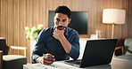 Office, laptop and man with thinking for business plan, graphs or development of creative ideas. Writing, tech and consultant with report document, web review or trends research at digital agency