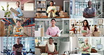 Montage, career and face of people in workplace for shipping, supply chain and healthcare service. Series, collage and portrait of happy men and women for planning, logistics and business options