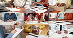 Montage, career and hands of people in workplace for healthcare service, supply chain and writing. Series, collage and workers with phone, laptop and paperwork for planning, logistics and business