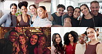 Happy, collage and face of friends with selfie for memory, social media or online post with bonding. Smile, montage and portrait of people with photography picture at gym, nightclub or office.