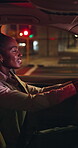 Night, driving and black woman in car on city road, business trip and automated transport for travel. Autonomous vehicle, urban navigation and happy person with commute, downtown and late journey