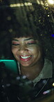 Night, reading and woman with phone by car window, funny trend or viral post on social media for laugh. Happy, check blog or person in dark vehicle with mobile for texting, online humor and transport