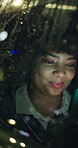 Night, reading or happy woman with mobile by car window, check notification or watch social media video. Transport, location app or person in dark vehicle with phone for message, online chat or email