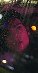 Dark, thinking and window with woman in car for commute or travel from business, job and work. Breathing, ideas and sleeping with employee person in vehicle at night for rainy or winter journey 