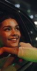 Night, happy woman and car window in city with adventure, tourism or taxi service for sightseeing. Bokeh, person smile or evening journey in urban town with exploration, travel or looking out of cab.