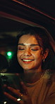 Night, happy woman and car window in city with phone, text message and taxi service for transport. Bokeh, person laughing and evening journey downtown with travel, tech and social media joke in cab.