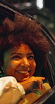 Night, smile and woman in car, window and excited for city light, journey and road trip. Evening, transport and person in vehicle, passenger and adventure in urban town and sightseeing in New York
