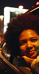 Night, woman and car window in city with adventure, contemplation or transport service for sightseeing. Bokeh, African person and evening journey downtown with tourism, travel and reflection in taxi.