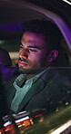 Night, car and business man in window for commute, travel and trip in city on tech for deadline. Professional, corporate and person online in vehicle for transport, journey and drive for overtime